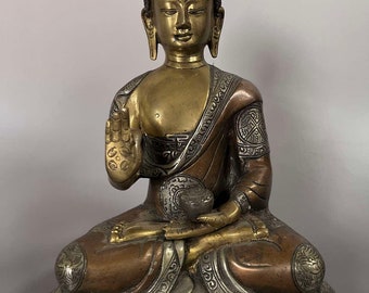 Figura de Buda Enseñanza Bronce 22 cm I Escultura de Buda Enseñanza Arte Vintage de Nepal I Figura de Arte Asiático Noble I Túnica Decorada