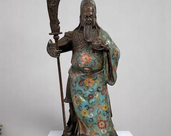 Guan Yu Warrior China Kwan Kong Figure Bronze Cloisonne Sculpture Chinese Guan Gong Dragon Fighter General Art Figure Asian 28 cm tall