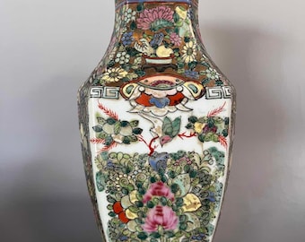 Jarrón de porcelana china con pintura de flores, jarrón de mesa vintage chino pintado a mano, ambiente de vida chino Fengshui