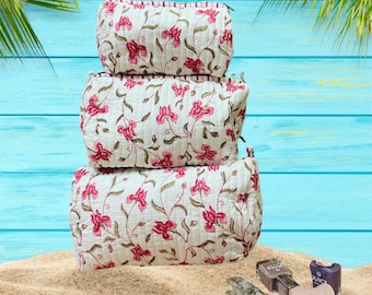 Set of 3 Block Print Quilted Cosmetic Bags: Handcrafted Cotton Travel Pouches