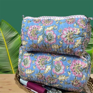 Hand Block Print Cosmetic Bag Set: Quilted Cotton Toiletry Travel Organizer