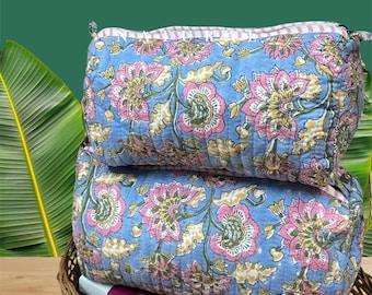 Conjunto de bolsa de cosméticos com estampa de blocos de mão: organizador de viagem para artigos de higiene pessoal em algodão acolchoado
