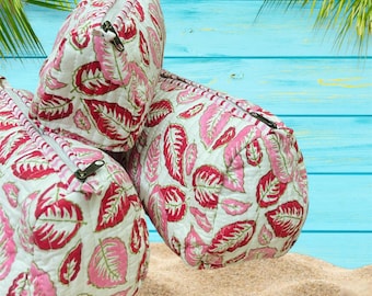 Set of 3 Block Print Quilted Cosmetic Bags: Handcrafted Cotton Travel Pouches