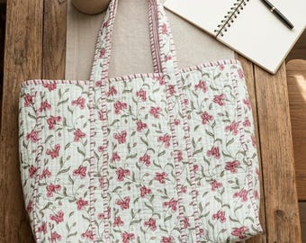 Block Printed Quilted Tote Bag with Pocket, Handmade Cotton Tote Bag, Indian Hand Block Print Bag, Jaipur Tote Bag