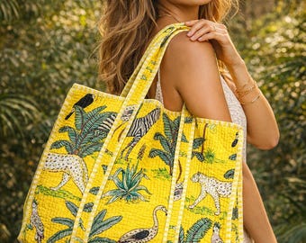 Handmade Quilted Tote Bag, Hand Printed Cotton Tote with Inside Pocket, Jaipur Handcrafted Bag