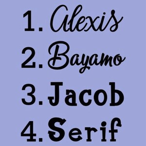 Puede incluir: Una lista de nombres escritos en estilo manuscrito. Los nombres son Alexis, Bayamo, Jacob y Serif.