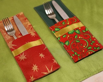 Christmas Cutlery Holder Sewing Pattern + tutorial, Fabric Silverware Holder, DIY Holiday Decor, Cutlery Pocket for Holidays | VIDEO + PDF