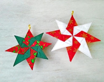 Kaleidoscope Christmas Star Ornament Sewing Pattern and tutorial, Holiday Folded Decor, Quilted DIY Christmas Tree Ornaments | VIDEO + PDF
