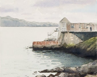 Plymouth Küste Aquarellmalerei - Meeresmalerei - Aquarelllandschaft - Original Aquarellkunstwerk - ruhiges Meeresbild - Inneneinrichtung