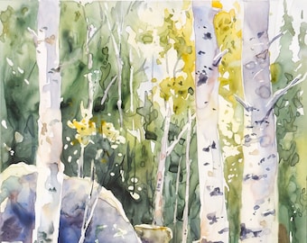 Abstraktes Wald-Aquarellgemälde, Birken-Wandkunst, Original-Naturlandschaftsgemälde, modernes Wohnzimmerdekor, Originalkunstwerk