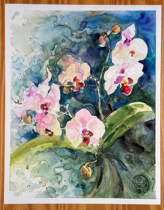 Aquarelle Originale Sur Papier - Bouquet D'orchidées - Peinture Fleurie Multicolore