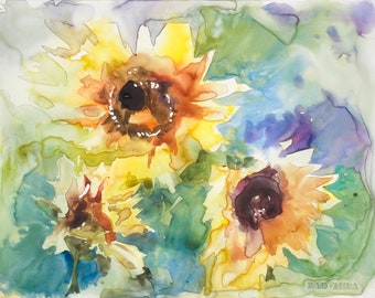 Zonnebloemen origineel aquarelschilderij - zonnig kunstwerk - aquarelbloemen - interieur - blij cadeau - bloemenfoto - botanische kunst