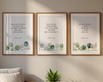 Kolossenzen 3:12-14 Set van 3 Bijbelverzen Muurdecoratie, Printbare Muurdecoratie, Christelijke Muurdecoratie, Groen Print Download, Christelijke Prints