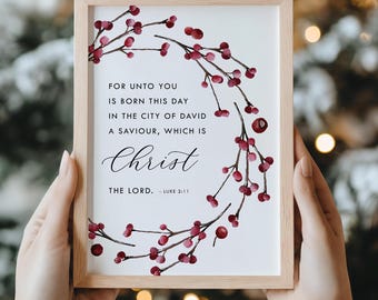 Luke 2:11 Born This Day Printables, Bible Verse Christmas Card Download, Christmas Wreath Print, 4x6, 5x7, 8x10, 11x14, 16x20, 24x36, A3, A4