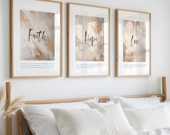 Faith Hope Love Bible Verse Wall Art Set of 3, Christian Abstract Painting Print, Scripture Digital Download, Neutral Minimalist Home Decor