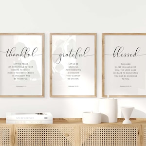 Thankful Grateful Blessed Bible Verse Printable Wall Art, Numbers 6:24-25 Bible Verse Downloadable Prints, Set of 3 Large Scripture Wall Art