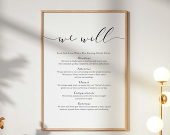 Arte mural imprimible con valores familiares cristianos, póster con la misión cristiana, decoración del hogar inspirada en las Escrituras, reglas familiares