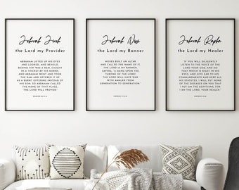 Names of God Set of 3 Scripture Wall Art, Bible Verse Printable Wall Art, Jehovah Jireh Nissi Rapha Print Download, Scripture Posters