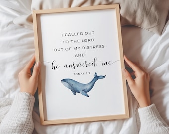 Jonah 2:2 Wall Art, Bible Verse Wall Art, Printable Wall Art, He Answered Me Print, Bible Verse Wall Decor, Whale Print, 8x10, 11x14, 16x20