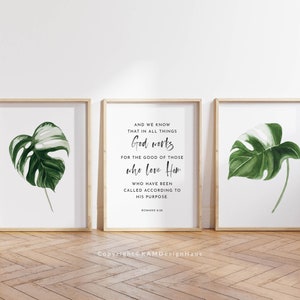 Romans 8:28 Set of 3 Summer Bible Verse Wall Art, Printable Wall Art, Scripture Print Download, Christian Office Wall Decor, Monstera Print