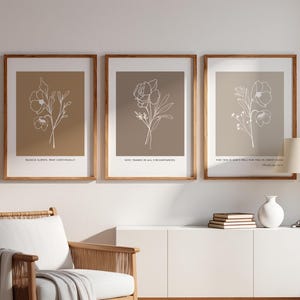 Könnte beinhalten: Drei gerahmte Wandbilder mit weißen Linien-Illustrationen von Blumen auf einfarbigen Hintergründen in Hellbraun, Taupe und Beige. Jeder Druck enthält unten kleinen schwarzen Text mit religiösen Phrasen wie Rejoice Always und Give Thanks.