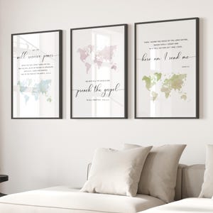 Isaías 6:8. Juego de 3 láminas con mapa del mundo para pared, versículo bíblico imprimible, póster con versículo bíblico para descargar, decoración para iglesia, 24x36, 18x24, 16x20, A2
