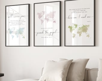 Isaiah 6:8 Set of 3 World Map Wall Art, Bible Verse Printable Wall Art, Bible Verse Poster Download, Church Decor, 24x36, 18x24, 16x20, A2