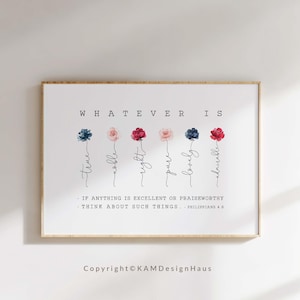 Philippians 4:8 Whatever is True Printable Wall Art, Scripture Print Download, Horizontal Bible Verse, 4x6, 5x7, 8x10, 11x14, 16x20, A3, A2