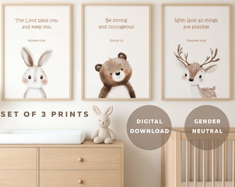 Christian Nursery Wall Art Set of 3, Gender Neutral Nursery Printables, Animal Bible Verses, Scripture Nursery Decor, 8x10, 11x14, 16x20, A3