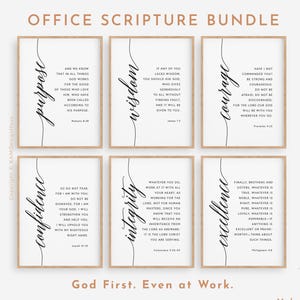 May include: A set of six framed prints with inspirational quotes and scripture verses. The prints feature elegant calligraphy in black on a white background, with wooden frames. The words "purpose", "wisdom", "courage", "confidence", "integrity", and "excellence" are displayed.