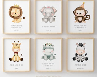 Set of 6 Nursery Bible Verse Wall Art, Nursery Bible Verse Boy, Printable Wall Art, Kids Animal Digital Print, Nursery Scripture Print