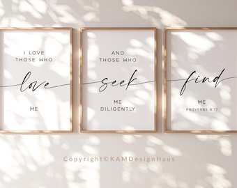Proverbs 8:17 Scripture Wall Art Set of 3, Seek Christian Print, Modern Minimal Bible Verse Art, Digital Download, Minimalist Home Decor