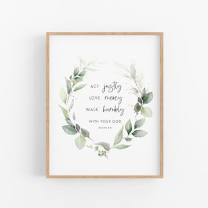 Michée 6:8 Act Justly Scripture Printable Wall Art, Bible Verse Wreath Print Download, Scripture Card, 5x7, 8x10, 11x14, 16x20, A3, Square