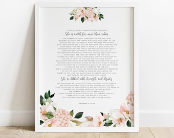 Proverbs 31:10-30 A Wife Of Noble Character Bible Verse Wall Art, Printable Wall Art, Floral Scripture Print Download, Gift for Women