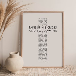 Mateus 16:24-26 Arte de parede do versículo bíblico, impressão digital de pegue sua cruz, decoração de parede cristã, impressão de versículos da Bíblia, download de impressão cruzada