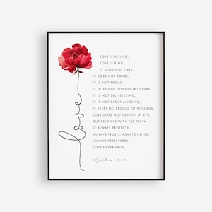 1 Corinzi 13:4-8 Versetti della Bibbia sull'amore Stampabile Wall Art, Scarica la stampa delle Scritture, Scritture floreali, 5x7, 8x10, 11x14, 16x20, 20x30, A3