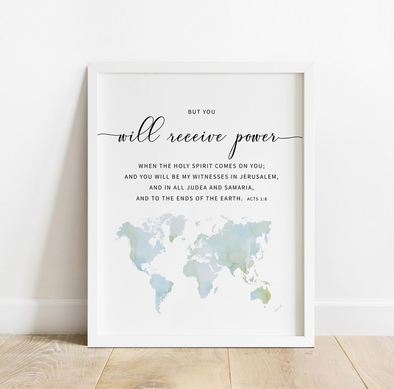 Bible verse wall art for Gospel featuring watercolor worldmap with Acts 1:5, perfect for a christian gift oragreat wall decoration.