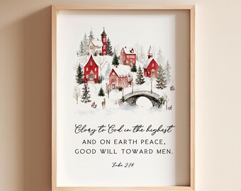 Glory to God in the Highest, Christmas Scripture Print, Christmas Postcard, Scripture Printable, Winter Village Download, 4x6, 5x7, 8x10, A4