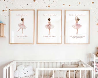 Ballerina Nursery Wall Art Set of 3, Christian Bible Verse Prints, Nursery Bible Verse Download, Pink Room Decor, 8x10, 11x14, 16x20, A3