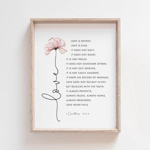 1 Coríntios 13:4-8 Arte de parede para impressão de flores de amor, download de impressão de escrituras, versículos florais da Bíblia, presente de casamento, 5x7, 8x10, 11x14, 16x20, A3