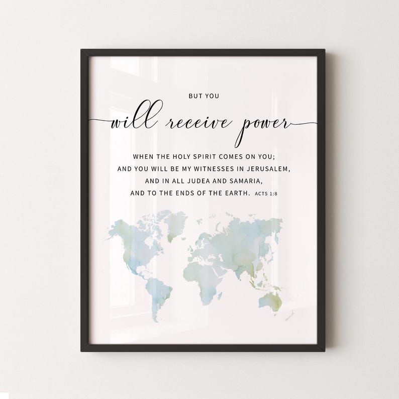 Bible verse wall art for Gospel featuring watercolor worldmap with Acts 1:5, perfect for a christian gift oragreat wall decoration.