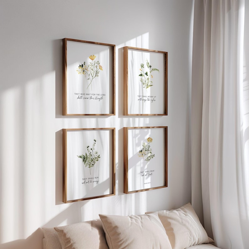 May include: Four framed prints with watercolor floral illustrations and bible verses. The prints feature yellow flowers and green leaves. The verses are "They who wait for the Lord shall renew their strength", "They shall mount up with wings like eagles", "They shall run and not be weary", and "They shall walk and not faint".