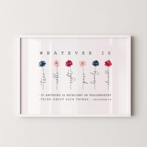 Philippians 4:8 Whatever is True Printable Wall Art, Scripture Print Download, Horizontal Bible Verse, 4x6, 5x7, 8x10, 11x14, 16x20, A3, A2