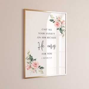 1 Peter 5:7 He Cares For You Bible Verse Digital Print, Scripture Printable Wall Art, Floral Bible Verse, Christian Gift, 5x7, 8x10, 11x14