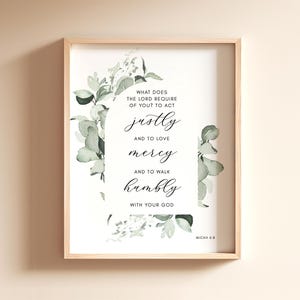 Michée 6:8 : Marchez humblement, verset biblique imprimable, téléchargement d'Eucalyptus, cadeau chrétien, 5x7, 8x10, 11x14, 12x16, A3