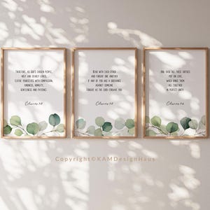 Colossians 3:12-14 Set of 3 Bible Verse Wall Art, Printable Wall Art, Christian Wall Decor, Greenery Print Download, Christian Prints
