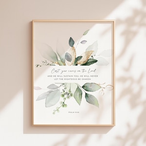 Arte de parede com versículo bíblico do Salmo 55:22, arte de parede para imprimir, download de impressão das Escrituras, presente cristão para mulheres, 5x7, 8x10, 11x14, 16x20, A3, quadrado