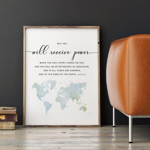 Bible verse wall art for Gospel featuring watercolor worldmap with Acts 1:5, perfect for a christian gift oragreat wall decoration.