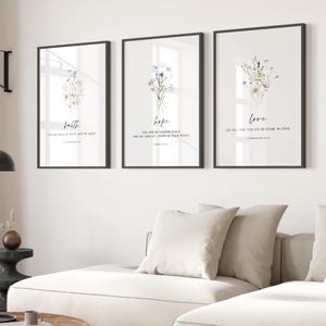 Faith Hope Love Set of 3 Bible Verse Printable Poster, Bible Verse Wall Art, Floral Scripture Print Download, 8x10, 11x14, 16x20, 18x24, A3