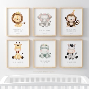 Set of 6 Nursery Bible Verse Wall Art, Nursery Bible Verse Boy, Printable Wall Art, Kids Animal Digital Print, Nursery Scripture Print